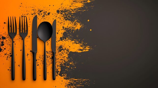 Abstract minimalist design featuring a set of catering icons including a fork spoon knife and chef hat on a plain backdrop