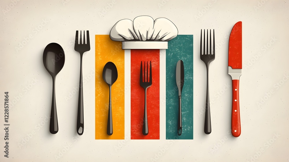 Poster minimalist flat design icon set featuring essential chef headwear and dining tools such as forks spo