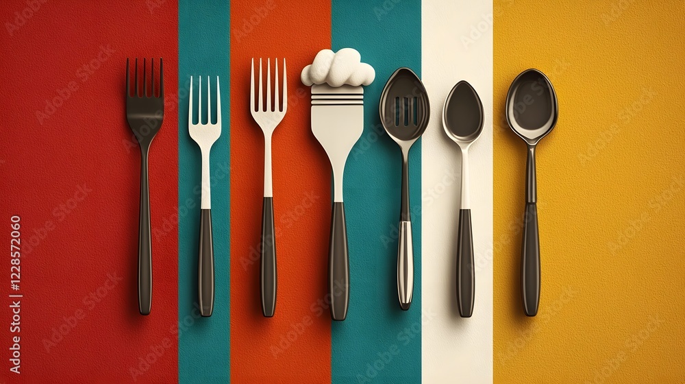 Poster minimalist set of essential dining utensils and chef headwear icons in a flat design style perfect f