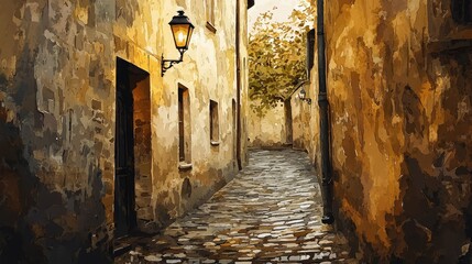Naklejka premium Serene cobblestone alley under warm lantern light in autumn setting
