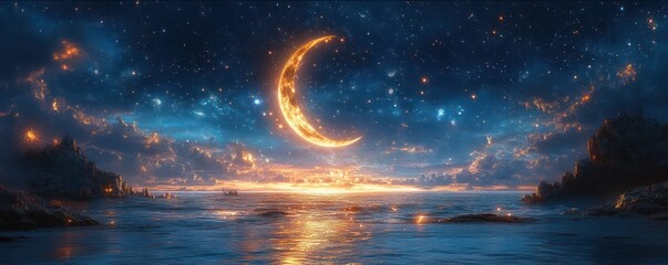 Fototapeta premium Crescent Moon over a Serene Seascape