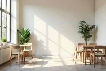 Fototapeta premium Sunlit Minimalist Room with Wooden Tables and Chairs, Featuring Lush Indoor Plants
