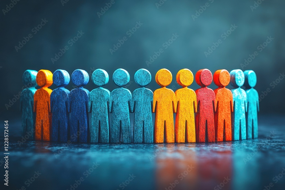 Poster dynamic representation of diversity and unity through colorful wooden figures in a circular arrangem