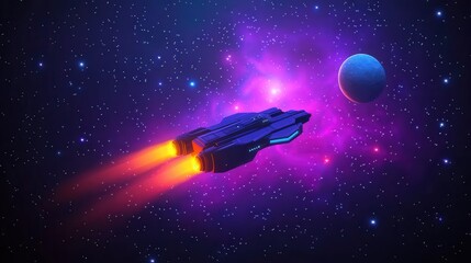 Obraz premium Futuristic Spaceship Soaring Through Vibrant Nebula and Stars