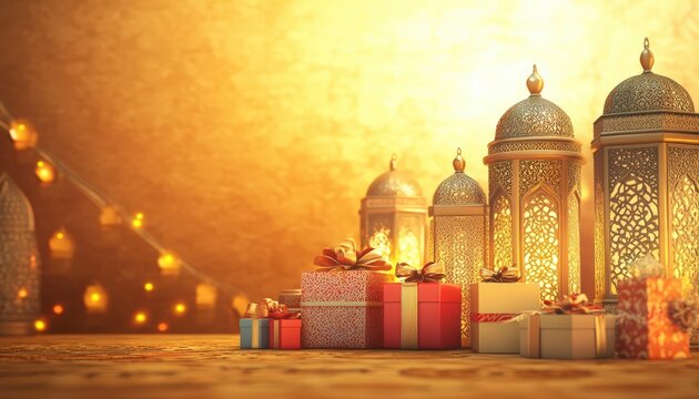 Festive Gifts and Ornate Lanterns Illuminate a Warm Ramadan Setting
