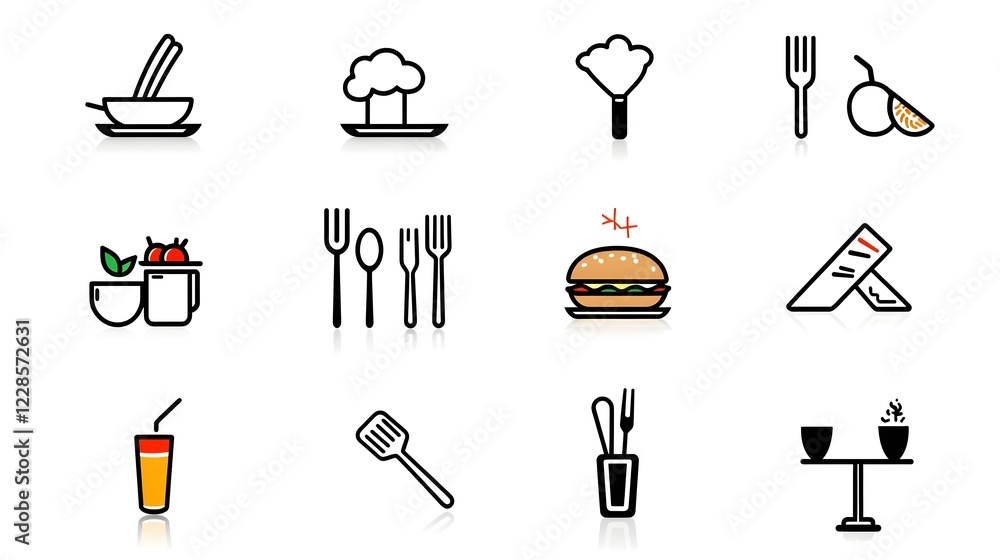 Poster comprehensive icon set featuring a diverse collection of catering and dining symbols including chef 