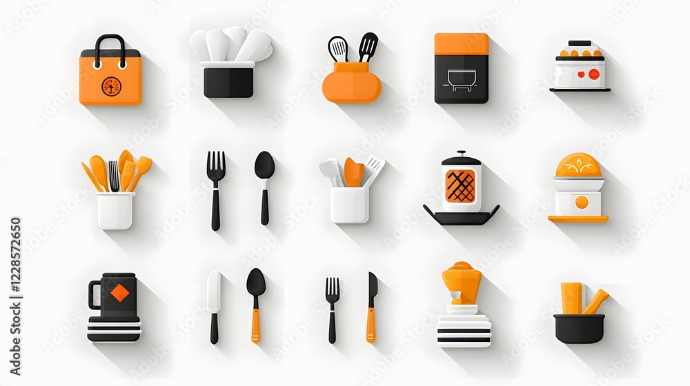 Poster detailed and modern icon collection displaying a variety of catering elements like chef hat fork spo