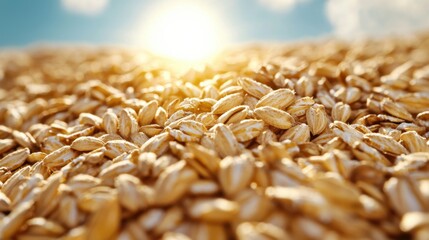 Obraz premium Golden Oat Grains Close Up Shot in Sunlight Harvest Season Agriculture