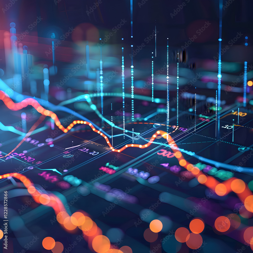 Poster a digital representation of financial data with colorful graphs and charts.