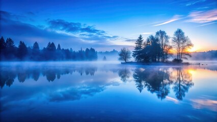 Fototapeta premium Mysterious blue mist rising from a foggy lake at dawn, reflection, serenity, reflection