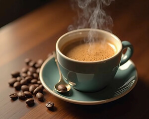 Fototapeta premium Close-Up of a Steaming Coffee Cup in a Cozy Minimalist Setting – Aesthetic Warm Tones, Wooden Table, and Coffee Beans in Extreme Detail, Capturing Rich Aromas and Indulgence in Stunning
