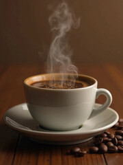 Fototapeta premium Close-Up of a Steaming Coffee Cup in a Cozy Minimalist Setting – Aesthetic Warm Tones, Wooden Table, and Coffee Beans in Extreme Detail, Capturing Rich Aromas and Indulgence in Stunning