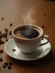 Obraz premium Close-Up of a Steaming Coffee Cup in a Cozy Minimalist Setting – Aesthetic Warm Tones, Wooden Table, and Coffee Beans in Extreme Detail, Capturing Rich Aromas and Indulgence in Stunning