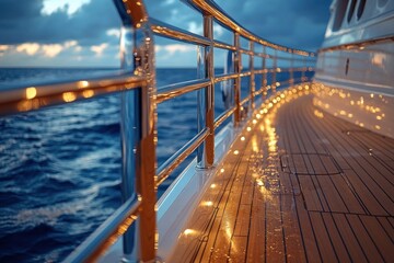 Obraz premium Close-up View of a Sailboat Bow with Polished Stainless Steel Railing and Wooden Deck on Shimmering Blue Water