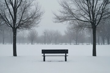 Empty park bench in snow with centered symmetry composition and overcast light on winter isolation