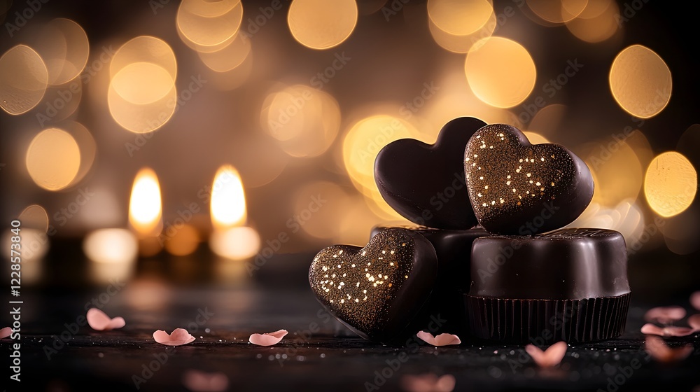 Poster beautifully arranged selection of heart shaped praline chocolate candies on a wooden table decorated