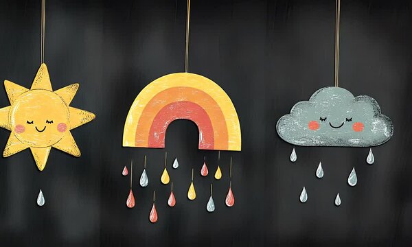 A cheerful illustration featuring a sun, rainbow, and cloud with raindrops, evoking a playful atmosphere.