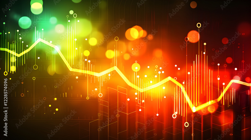 Poster abstract graphic design featuring a fluctuating line chart with vibrant colors and bokeh effects.