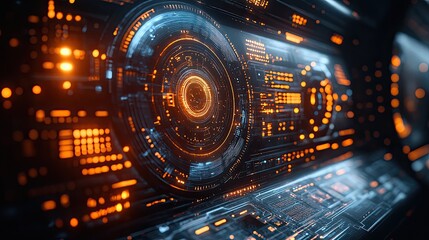 Obraz premium Futuristic control panel displaying glowing data and intricate circuits in a high-tech environment