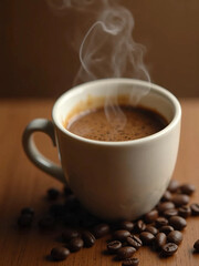 Fototapeta premium Close-Up of a Steaming Coffee Cup in a Cozy Minimalist Setting – Aesthetic Warm Tones, Wooden Table, and Coffee Beans in Extreme Detail, Capturing Rich Aromas and Indulgence in Stunning
