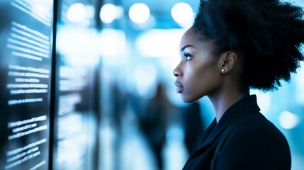 Person standing in front of a job listings board, scanning opportunities with a focused expression. The scene conveys the pursuit of career advancement and the search for meaningful employment.