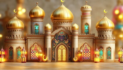 Obraz premium Majestic Islamic Mosque Architecture Golden Domes Ramadan Eid Celebration