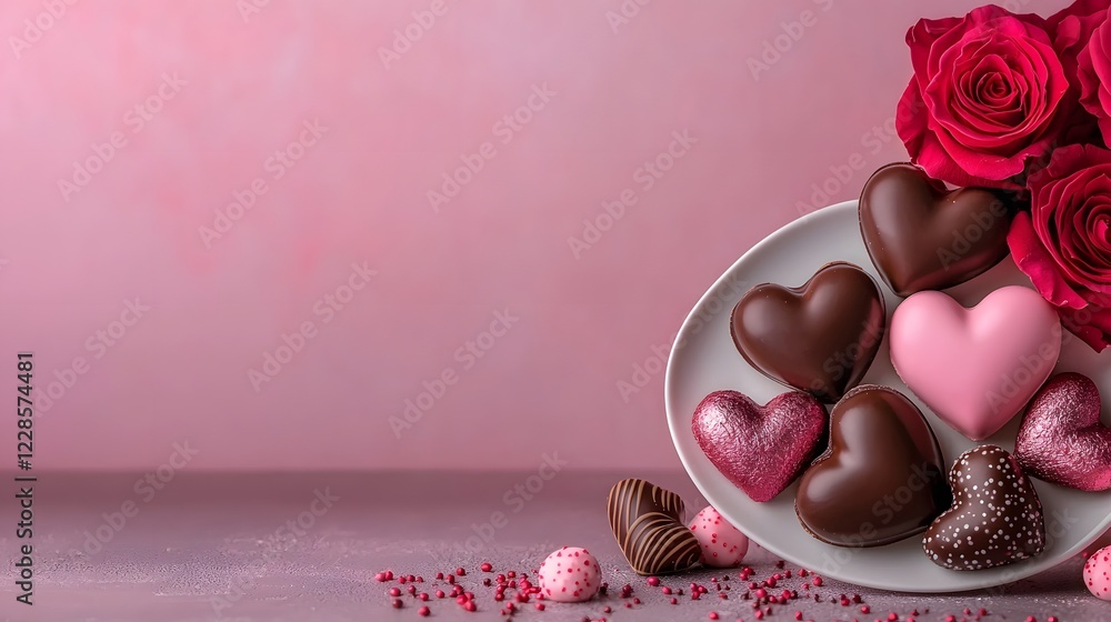 Poster closeup of glossy heart shaped praline chocolates placed on a delicate white plate with soft focused