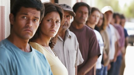 Line of people outside unemployment office, reflecting the challenges and resilience of individuals facing economic hardship, community solidarity in uncertain times.
