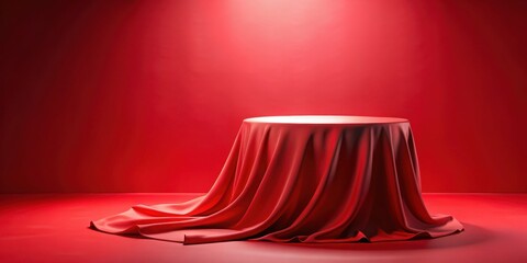 Simple podium with cylindrical base covered in a flowing cloth on a bold red background, red, interior, red
