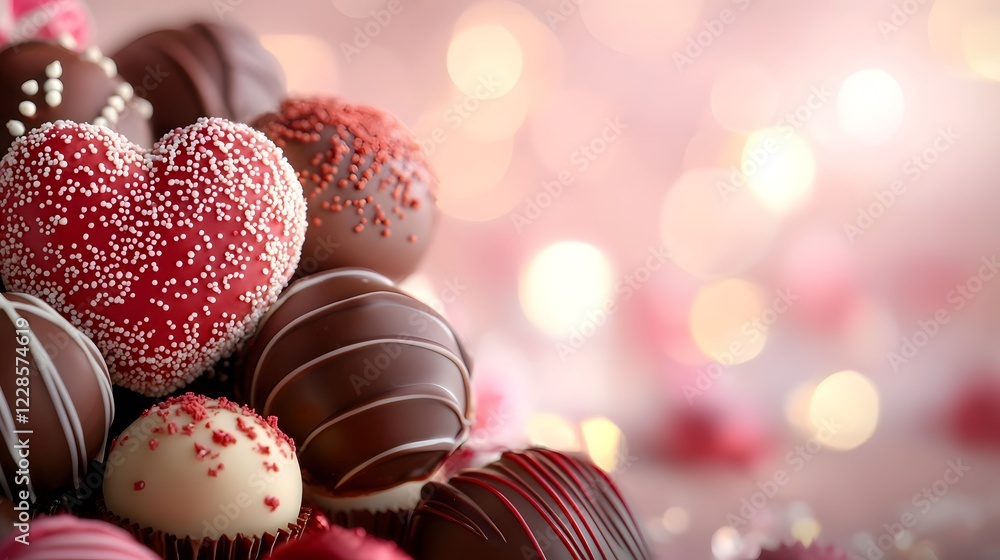 Poster Decadent selection of heart shaped chocolates pralines and truffles arranged on a soft pastel pink backdrop creating a romantic and festive scene perfect for Valentine s Day and gifting