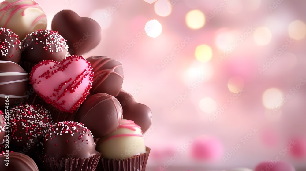 Poster Elegant array of heart shaped chocolate truffles pralines and other delectable confections arranged on a soft pastel pink background with decorative swirls and sprinkles