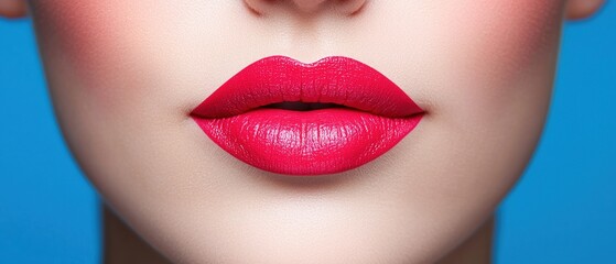 Fototapeta premium Makeup Trends Concepts. Vibrant red lips against a blue background.
