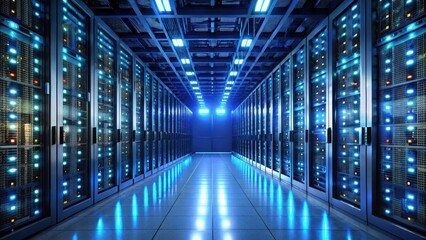 Fototapeta premium A server farm with rows of humming servers and blinking lights in a darkened data center, servers, data centers