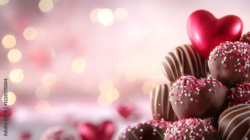 Poster elegant assortment of glossy heart shaped chocolates caramel filled pralines and truffle confections