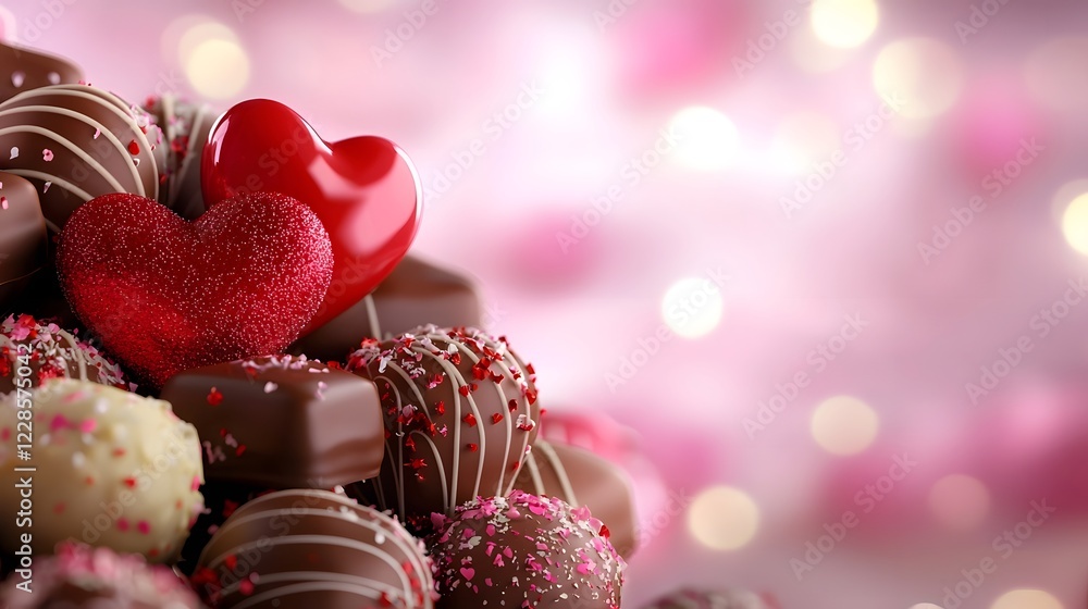 Poster elegant and dreamy chocolate themed valentine s day still life composition with glossy heart shaped 