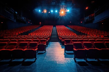 Empty theater seats with leading lines composition and dramatic spotlight on stage view