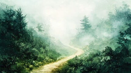 Obraz premium Misty Forest Pathway in Lush Green Landscape at Dawn Light