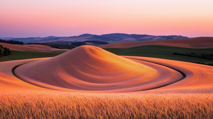 Stunning Sunset over Rolling Wheat Fields in Palouse Landscape Golden Hour Farmland Scenery