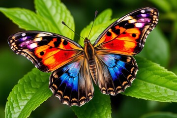 Fototapeta premium Vibrant butterfly with wings displaying a spectrum of colors perched on a fresh green leaf, highlighting the beauty of nature