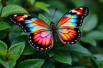Fototapeta premium Vibrant butterfly with wings displaying a spectrum of colors perched on a fresh green leaf, highlighting the beauty of nature