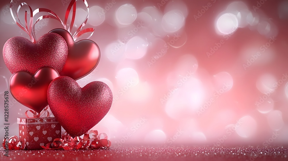 Fototapete romantic valentines day background with layered glossy red hearts floating on a soft textured crimso
