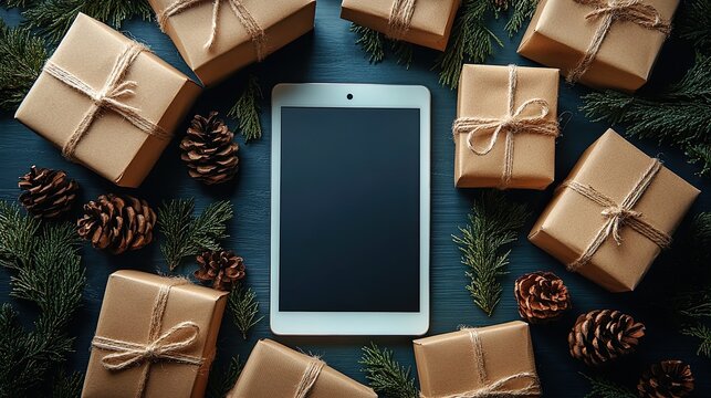 A white tablet with a blank screen surrounded by wrapped gifts, pine cones, and evergreen sprigs on a dark blue background.