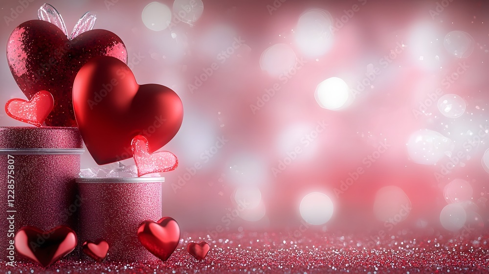 Poster romantic valentines day background with layered glossy red hearts floating on soft textured crimson 