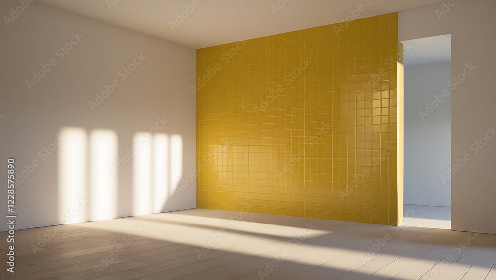 Poster empty room with yellow square tile wall pattern background with light and shadow