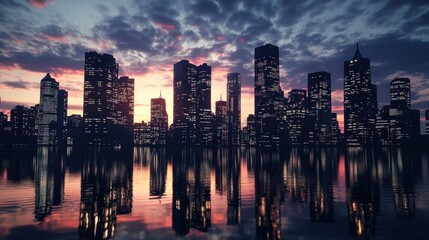 Fototapeta premium A city skyline at sunset, reflecting on water, showcasing urban architecture and beauty.