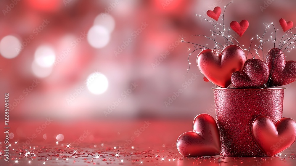 Aufkleber Luxurious and stylish Valentines Day design featuring a scattered arrangement of metallic red hearts on a matte red background highlighted by soft lighting and shadows for a dynamic and elegant look