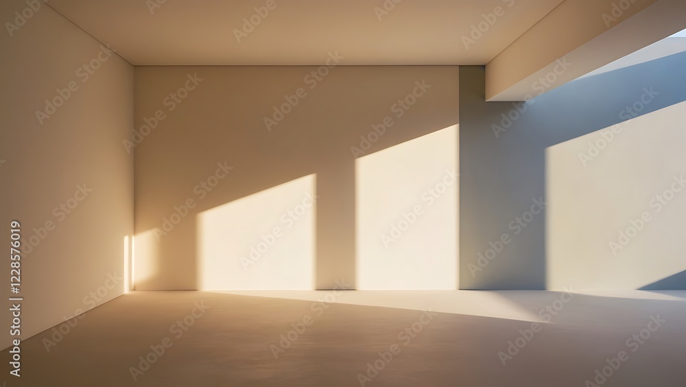 Poster empty room abstract of minimal architecture space with the sun light cast shadow on the wall.