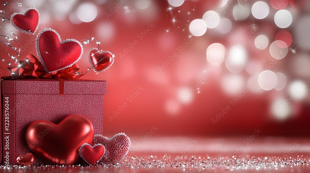 Poster captivating valentines day design with scattered metallic red hearts on matte red background featuri