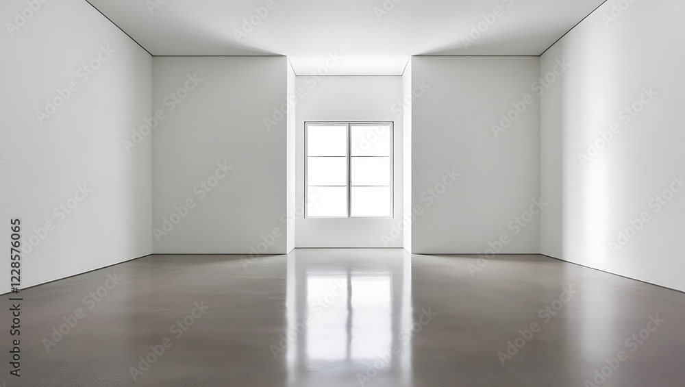 Poster a large empty room with a white wall and a window. the room is very empty and has a very clean and s