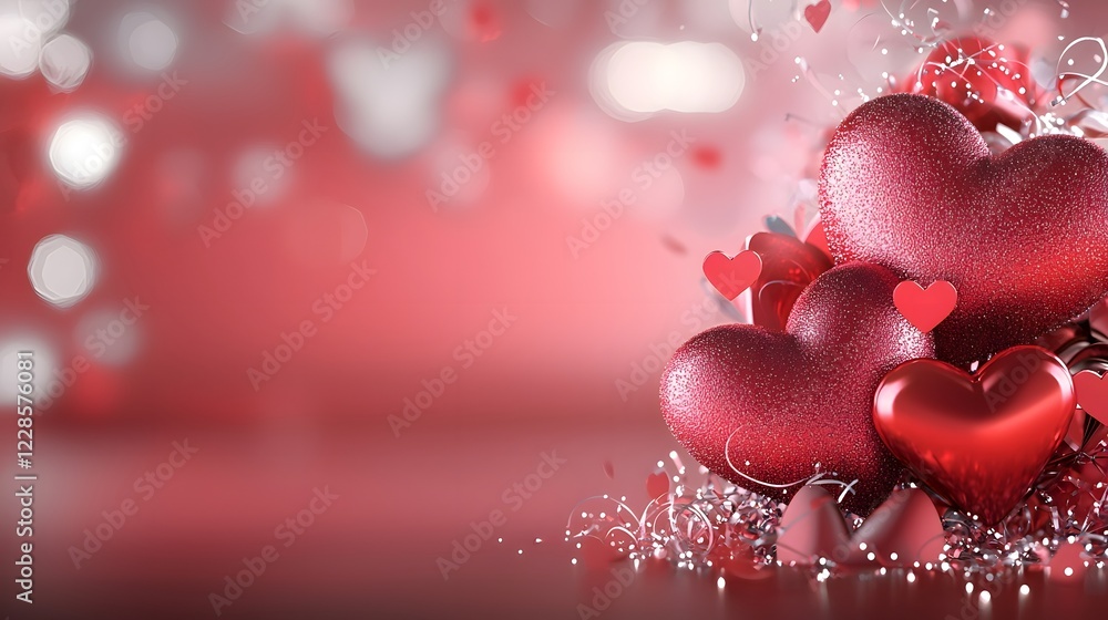 Poster Luxurious and dynamic Valentines day design featuring scattered metallic red hearts on a matte red background with soft lighting and shadows